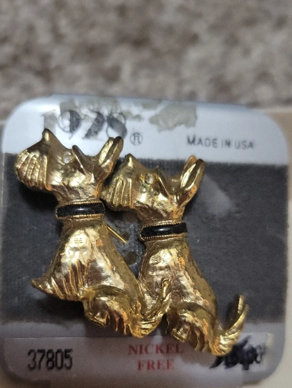Vintage 1928 Gold Scottie Dog Pair Brooch with Black Collar Accents.